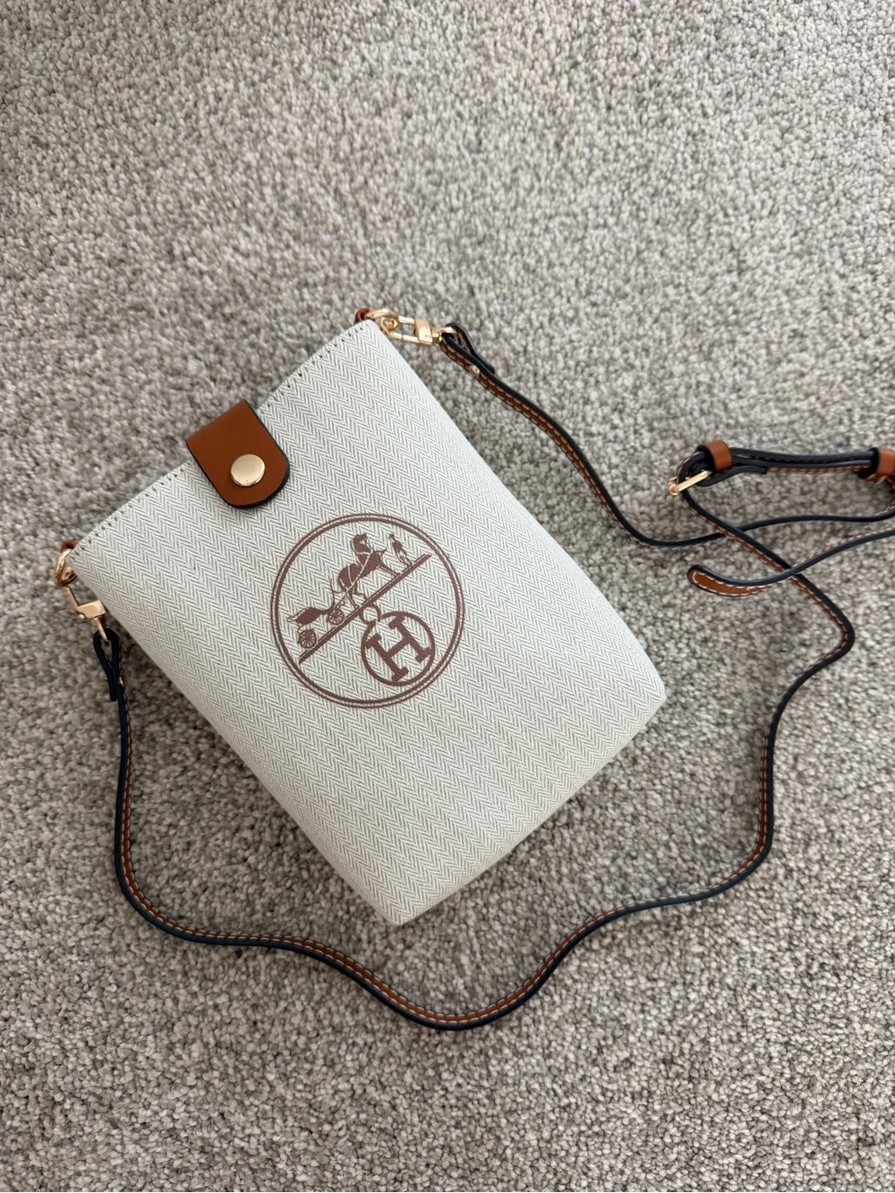 GWP Hermes Canvas Crossbody Phone Bag with Brown Trim Make Up Bag only